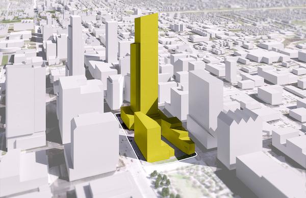 奥马哈第一个街区的新开发效果图，新建筑以黄色突出显示.